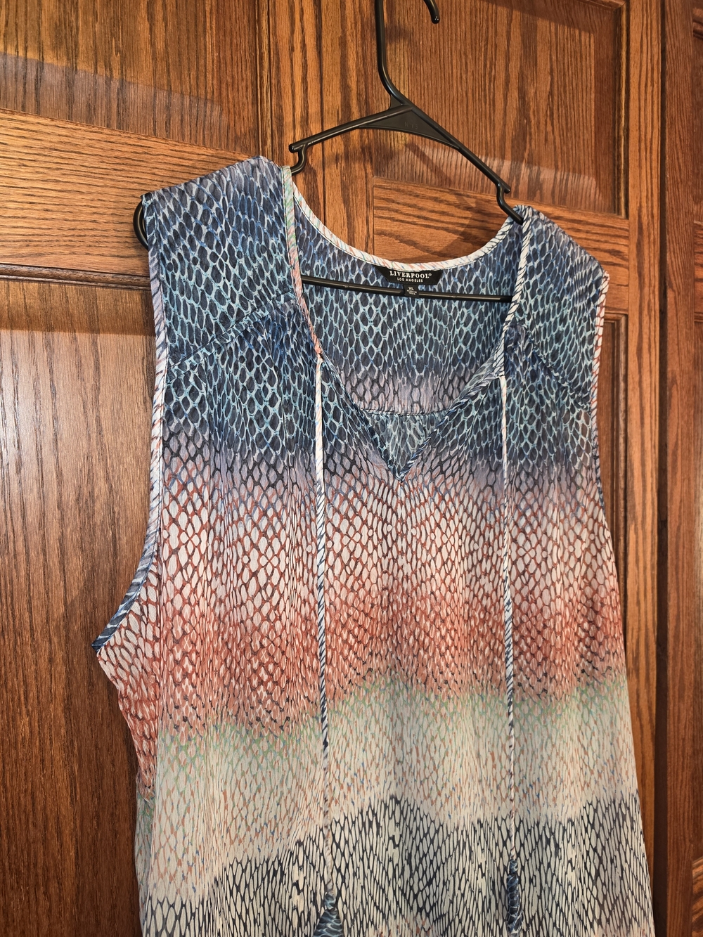 Liverpool Sleeveless V-Neck Multicolor Mesh Print Top - Blue/Peach
